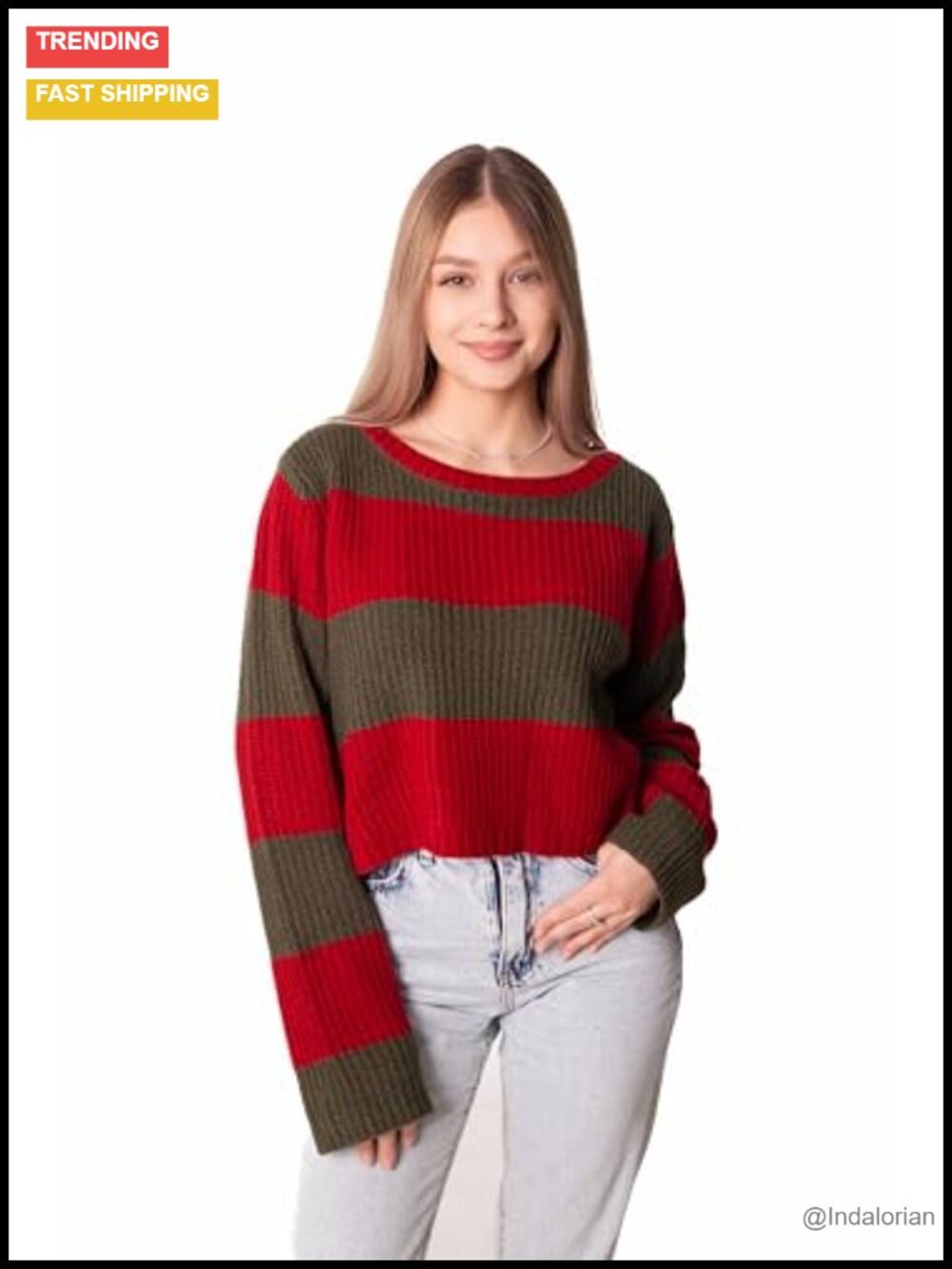 Cropped Striped Knit Sweater Womens Soft Relaxed Pullover Crew Neck